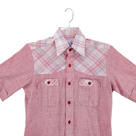 Vtg 60s Shirt Men S 14 14.5 Button Up SS Solid Plaid Western H.I.S. 2 Pocket - Picture 4 of 13
